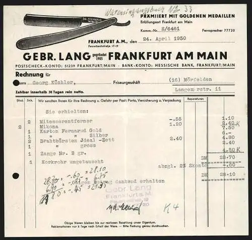 Rechnung Frankfurt am Main 1950, Firma der Gebr. Lang, Ansicht eines Rasiermessers