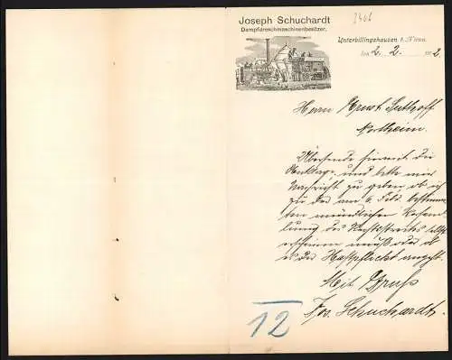 Briefkopf Unterbillingshausen b. Wörten 1912, Joseph Schuchardt, Dampfdreschmaschinenbesitzer, Darstellung der Maschine