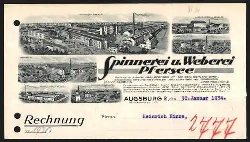 Rechnung Augsburg 1934, Spinnerei und Weberei Pfersee, Hauptwerk in Pfersee und fünf Niederlassungen