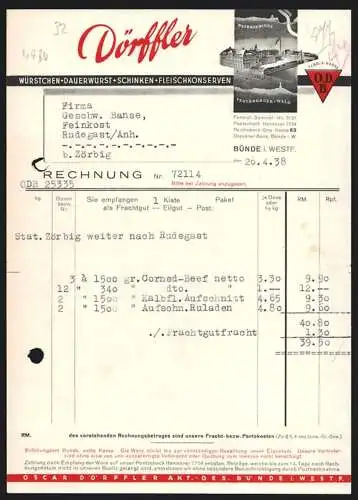 Rechnung Bünde i. Westf. 1938, Dörffler, Fleischerei, Modellansicht des Werkes im Wesergebirge