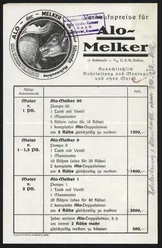 Werbebillet Berlin-Wilmersdorf, H. Lücke, Melkmaschinen-Fabrik, Preisliste der Alo-Melker-Modelle