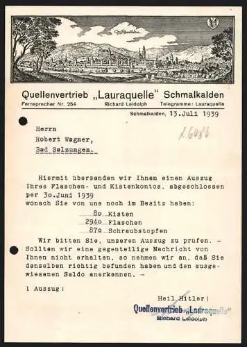 Rechnung Schmalkalden 1939, Richard Leidolph, Quellenvertrieb Lauraquelle, Ortsansicht aus alten Zeiten