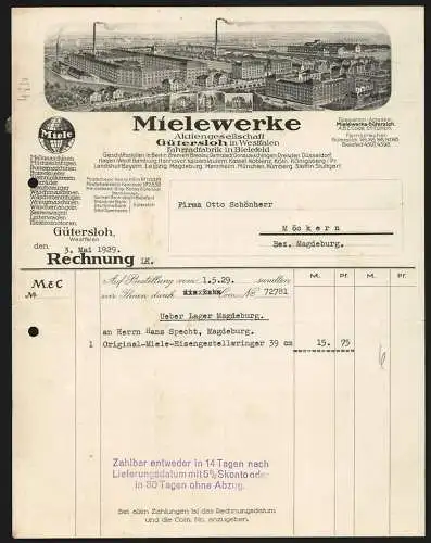 Rechnung Gütersloh in Westfalen 1929, Mielewerke AG, Gesamtansicht der Fabrikanlage und Geschäftshäuser