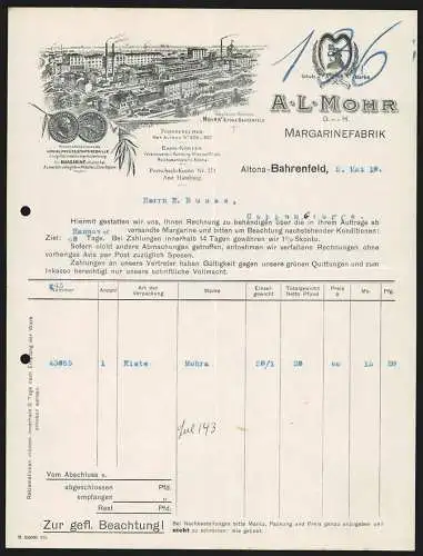 Rechnung Altona-Bahrenfeld 1910, A. L. Mohr GmbH, Margarinefabrik, Betriebsansicht und Schutzmarke Mohra