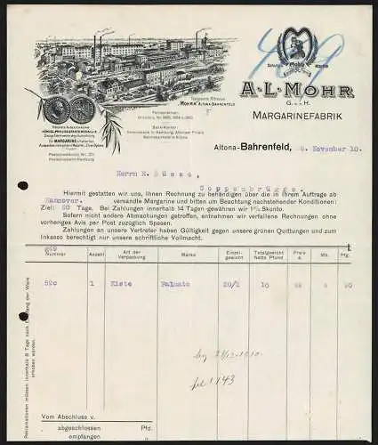 Rechnung Altona-Bahrenfeld 1910, A. L. Mohr GmbH, Margarinefabrik, Werkansicht und Schutzmarke Mohra