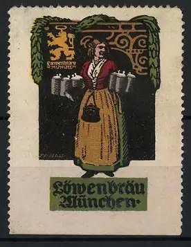 Künstler-Reklamemarke Franz Paul Glass, München, Löwenbräu, Kellnerin mit Bierkrügen