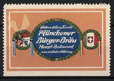 Reklamemarke Turin, Münchener Bürger-Bräu, Welt-Ausstellung 1911 Wappen