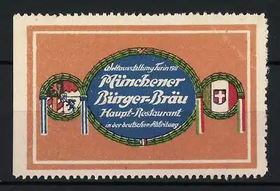 Reklamemarke Turin, Weltausstellung 1911, Münchener Bürger-Bräu Bier im Haupt-Restaurant