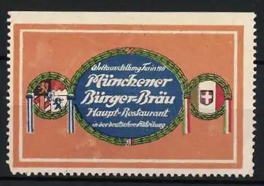 Reklamemarke Turin, Münchener Bürger-Bräu, Weltausstellung 1911, Haupt-Restaurant