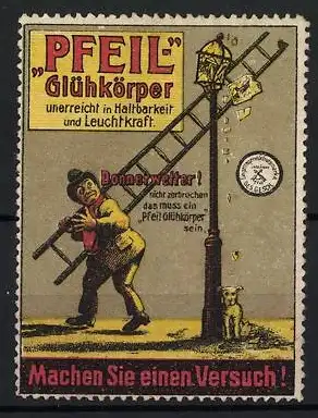 Reklamemarke Pfeil Glühkörper, Mann mit Leiter und Hund