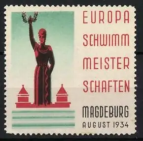 Reklamemarke Magdeburg, Europa Schwimmmeisterschaften, Statue mit Lorbeerkranz, August 1934