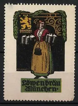 Künstler-Reklamemarke Franz Paul Glass, München, Löwenbräu, Kellnerin mit Bierkrügen