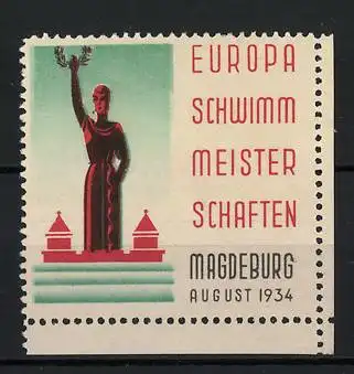 Reklamemarke Magdeburg, Europa Schwimmmeisterschaften 1934, Statue mit Siegerkranz