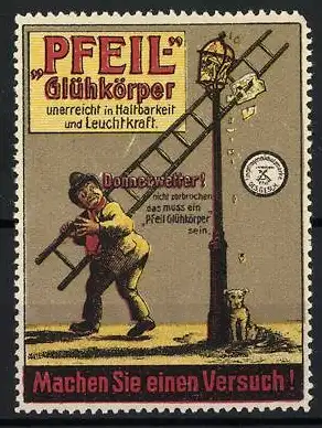 Reklamemarke PFEIL Glühkörper, Mann mit Leiter und Hund