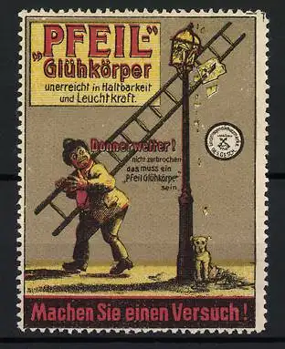 Reklamemarke Pfeil Glühkörper, Handwerker mit Leiter, Laterne und Hund