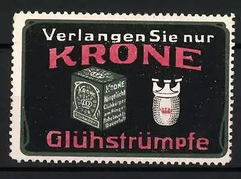 Reklamemarke Krone Glühstrümpfe, Verpackung und Glühstrumpf