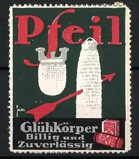 Künstler-Reklamemarke Fries, Pfeil Glühkörper, rote Pfeile und Glühkörper