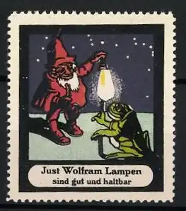 Reklamemarke Just Wolfram Lampen, Zwerg mit Frosch und Lampe