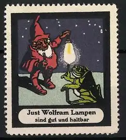 Reklamemarke Just Wolfram Lampen, Zwerg mit Frosch und Lampe