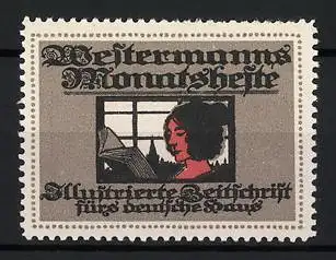 Reklamemarke Westermanns Monatshefte, Frau am Fenster mit Buch