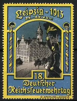 Reklamemarke Leipzig, 18. Deutscher Reichsfeuerwehrtag 1913, Feuerwehrmann mit Fackel