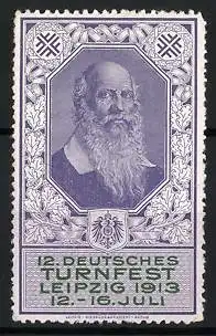 Reklamemarke Leipzig, 12. Deutsches Turnfest 1913, Porträt Friedrich-Ludwig Jahn mit Eichenlaubrahmen