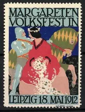 Reklamemarke Leipzig, Margareten Volksfest, Ritter und Dame, 1912