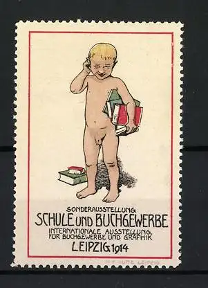 Reklamemarke Leipzig, Sonderausstellung Schule und Buchgewerbe 1914, Knabe mit Büchern