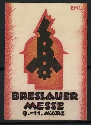 Künstler-Reklamemarke Erich Murken, Breslau, Breslauer Messe 9.-11. März, stilisierter Helm mit Zahnrad