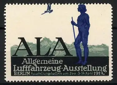 Reklamemarke Berlin, Allgemeine Luftfahrzeug-Ausstellung 1912, Nackter Wanderer mit Speer und Vogel