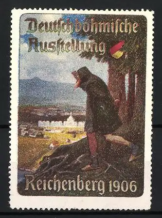 Reklamemarke Reichenberg 1906, Deutsch-böhmische Ausstellung, Wanderer vor Landschaft