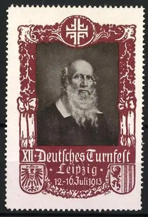 Reklamemarke Leipzig, XII. Deutsches Turnfest 1913, Porträt Turnvater Jahn mit Wappen