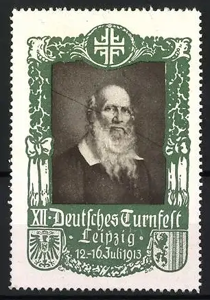 Reklamemarke Leipzig, XII. Deutsches Turnfest, Porträt Turnvater Jahn, 1913