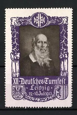 Reklamemarke Leipzig, XII. Deutsches Turnfest, Porträt Turnvater Friedrich Ludwig Jahn, 1913, lila