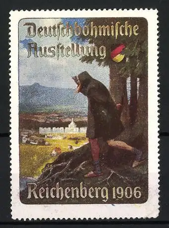 Reklamemarke Reichenberg, Deutschböhmische Ausstellung, Landschaft mit Wanderer, 1906