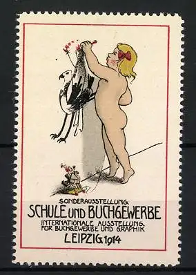 Reklamemarke Leipzig, Ausstellung für Schule und Buchgewerbe 1914, Kind mit Vogelzeichnung