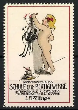 Reklamemarke Leipzig, Ausstellung für Schule und Buchgewerbe 1914, Kind mit Vogelzeichnung