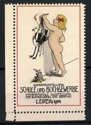 Reklamemarke Leipzig, Sonderausstellung Schule und Buchgewerbe 1914, Kind mit Greif-Zeichnung