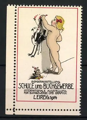 Reklamemarke Leipzig, Sonderausstellung Schule und Buchgewerbe 1914, Kind mit Adler