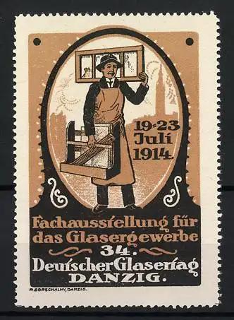 Reklamemarke Danzig - Gdansk, 34. Deutscher Gläsertag, Glaser mit Fensterrahmen, 1914