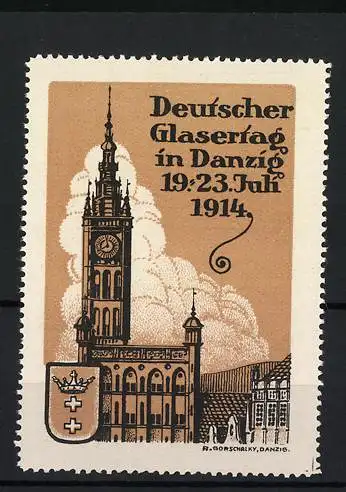 Reklamemarke Danzig - Gdansk, Deutscher Glasertag 1914, Stadtbild mit Turm