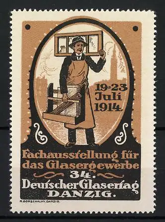 Reklamemarke Danzig - Gdansk, Fachausstellung für das Glasergewerbe 1914, Glaser mit Werkzeug