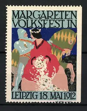 Reklamemarke Leipzig, Margareten Volksfest, Tänzer und Pferd, 1912