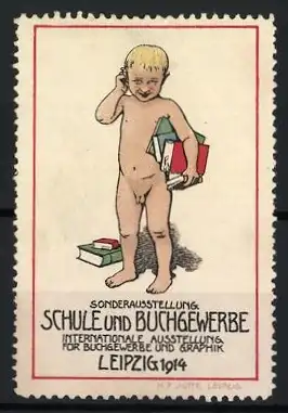 Reklamemarke Leipzig, Sonderausstellung Schule und Buchgewerbe 1914, Kind mit Büchern