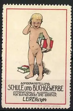 Reklamemarke Leipzig, Ausstellung Schule und Buchgewerbe 1914, Kind mit Büchern