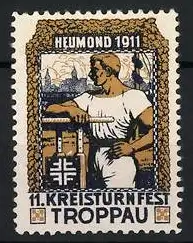 Reklamemarke Troppau, 11. Kreisturnfest Heumond 1911, Turner mit Stadtansicht