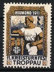 Reklamemarke Troppau, 11. Kreisturnfest 1911, Turner mit Stadtansicht