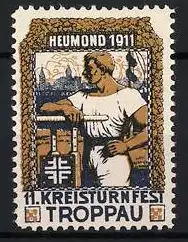 Reklamemarke Troppau, 11. Kreisturnfest Heumond 1911, Turner vor Stadtansicht