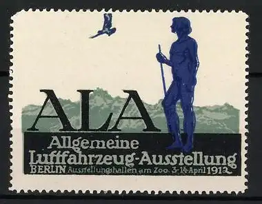 Reklamemarke Berlin, Allgemeine Luftfahrzeug-Ausstellung, Vogel und Männerakt, 1912