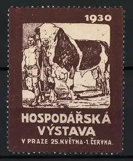 Reklamemarke Prag, Hospodárská Výstava 1930, Bauer mit Zuchtbulle